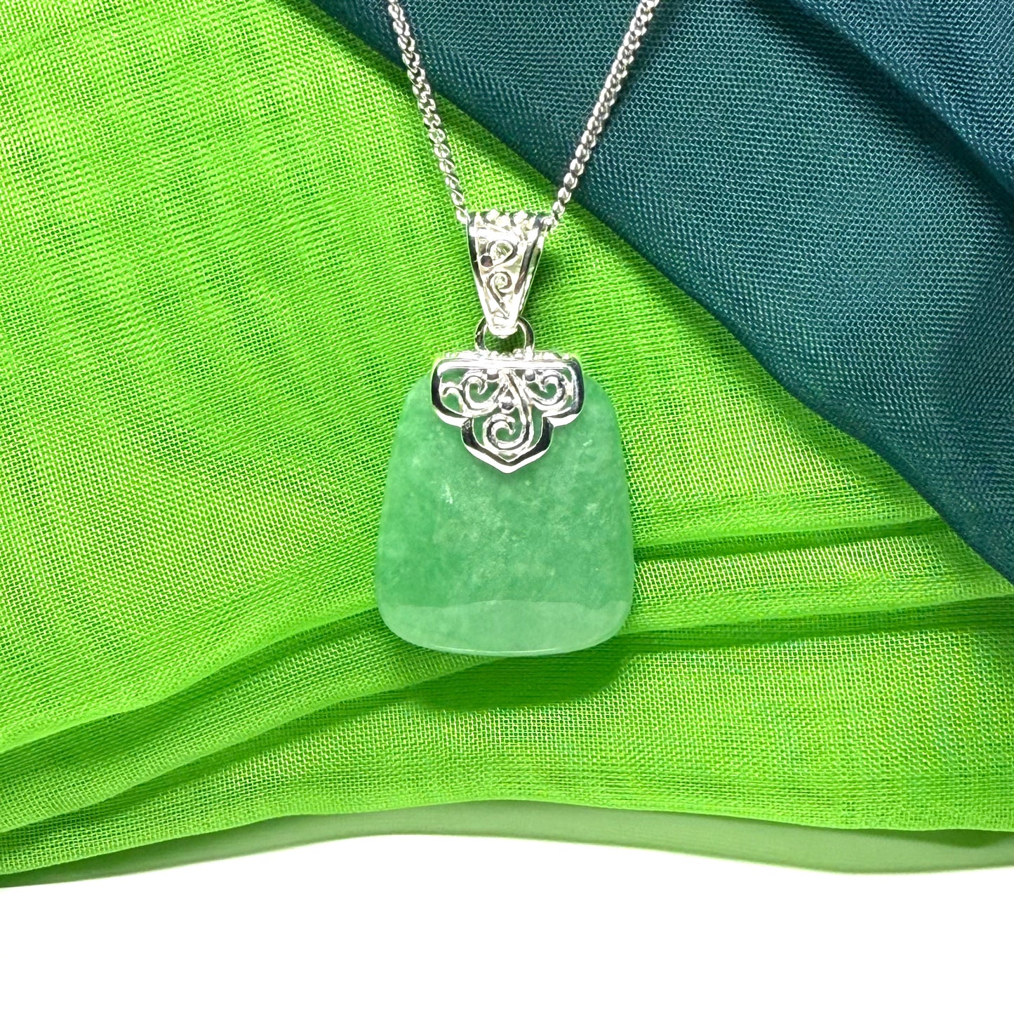 Real jade necklace green sterling silver large cushion shaped, a trendsetting design with a chain