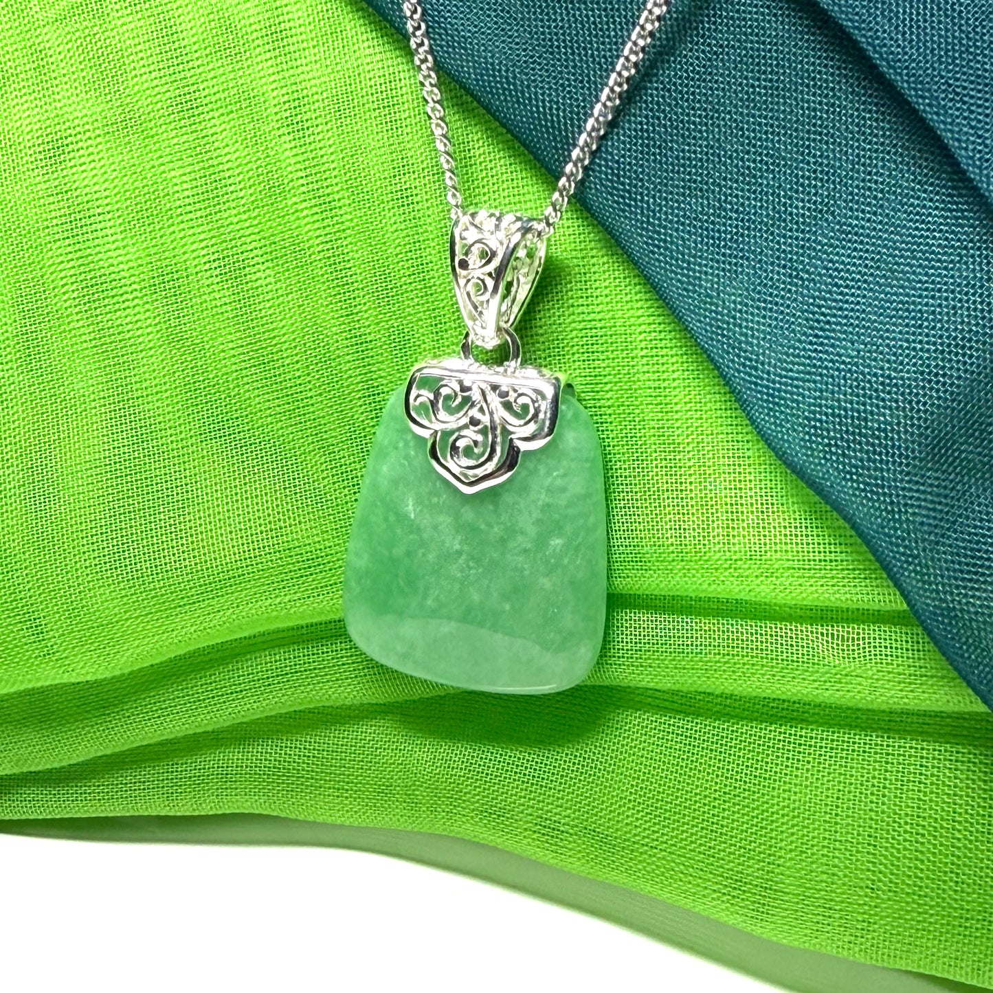 Real jade necklace green sterling silver large cushion shaped, a trendsetting design with a chain