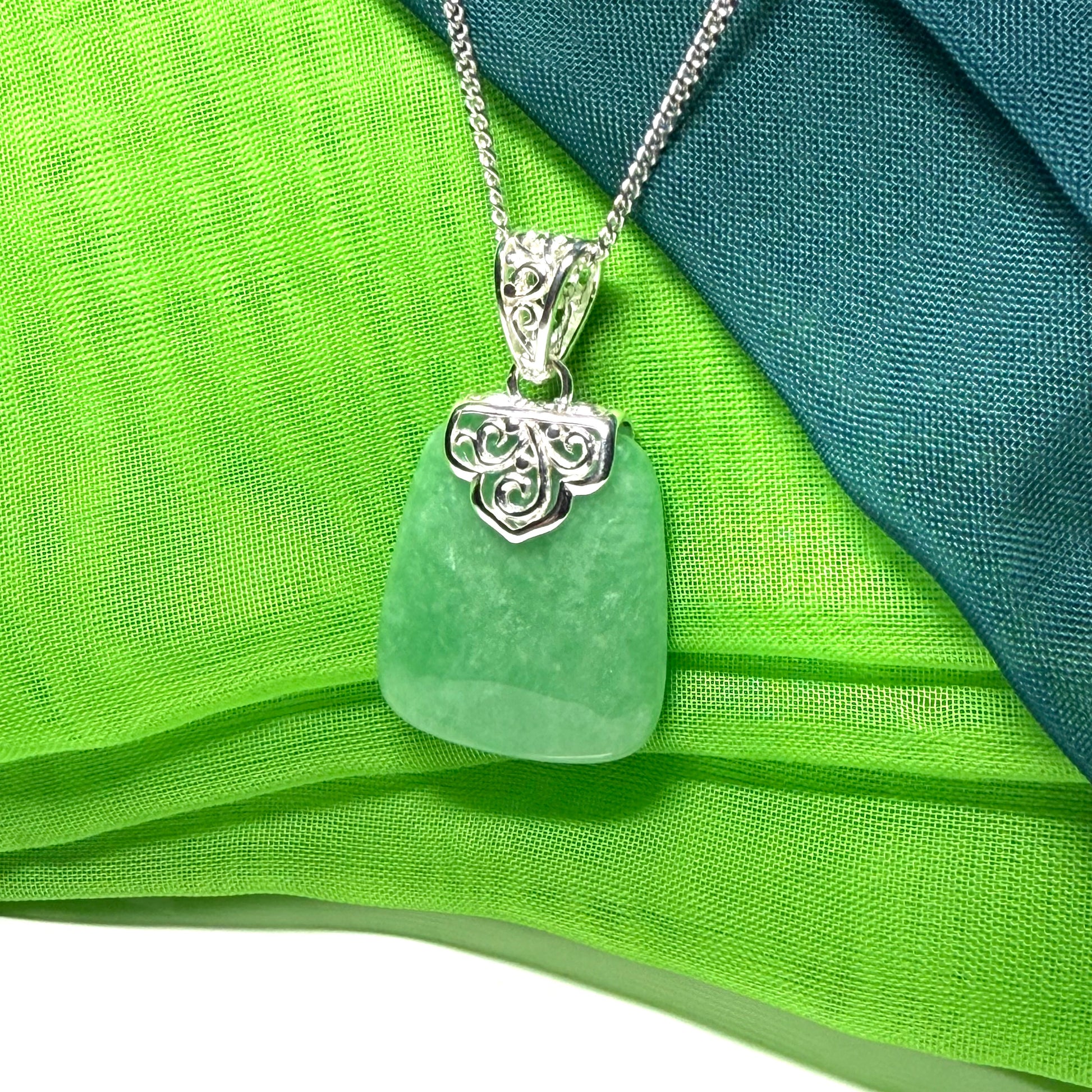 Real jade necklace green sterling silver large cushion shaped, a trendsetting design with a chain