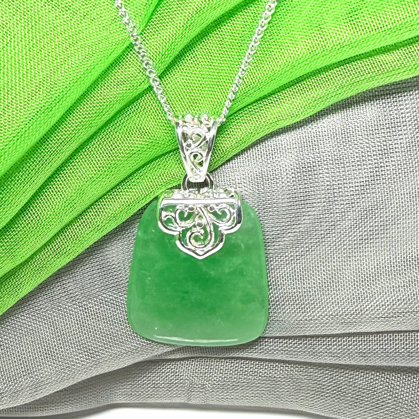 Real jade necklace green sterling silver large cushion shaped, a truly gorgeous design with chain