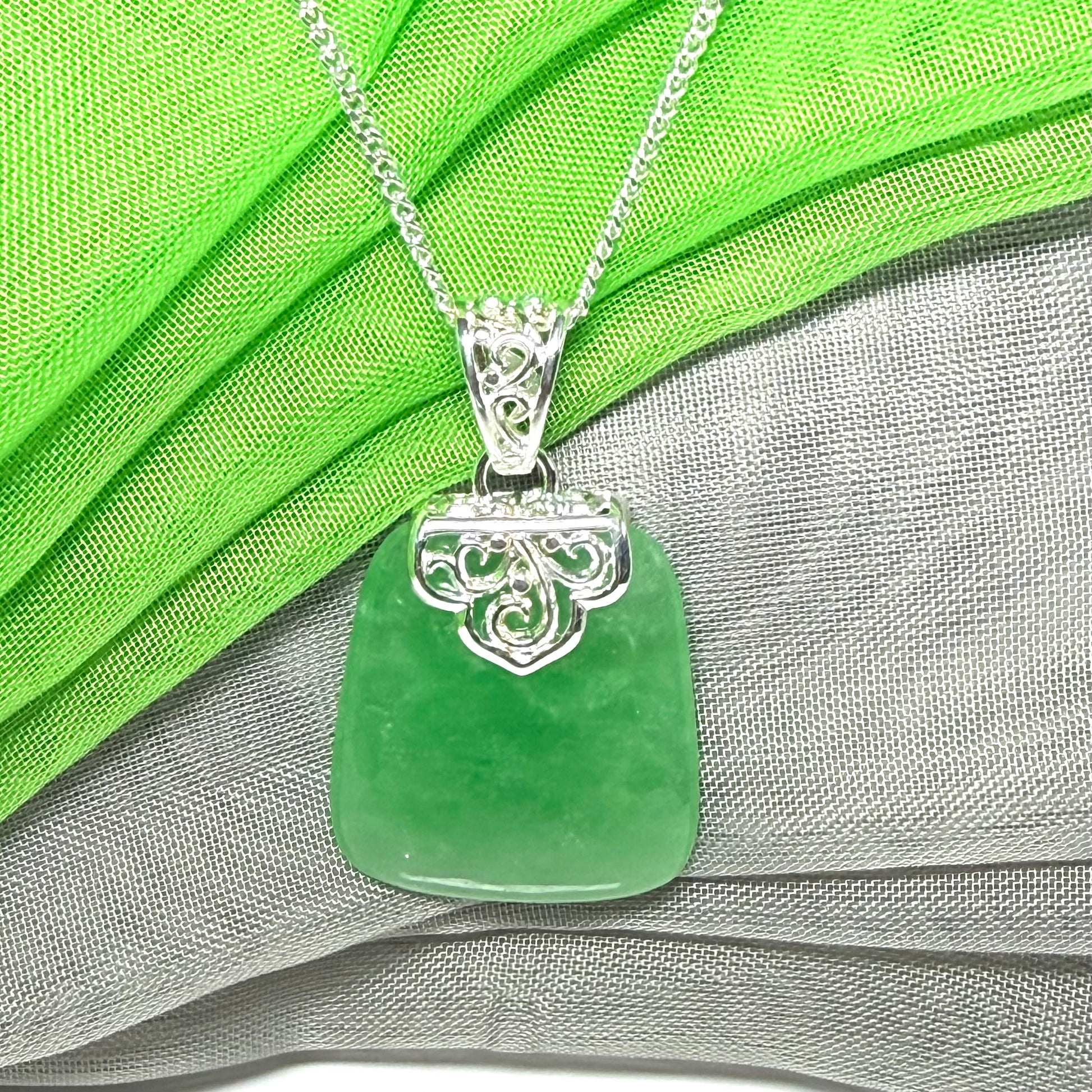 Real jade necklace green sterling silver large cushion shaped, a truly gorgeous design with chain