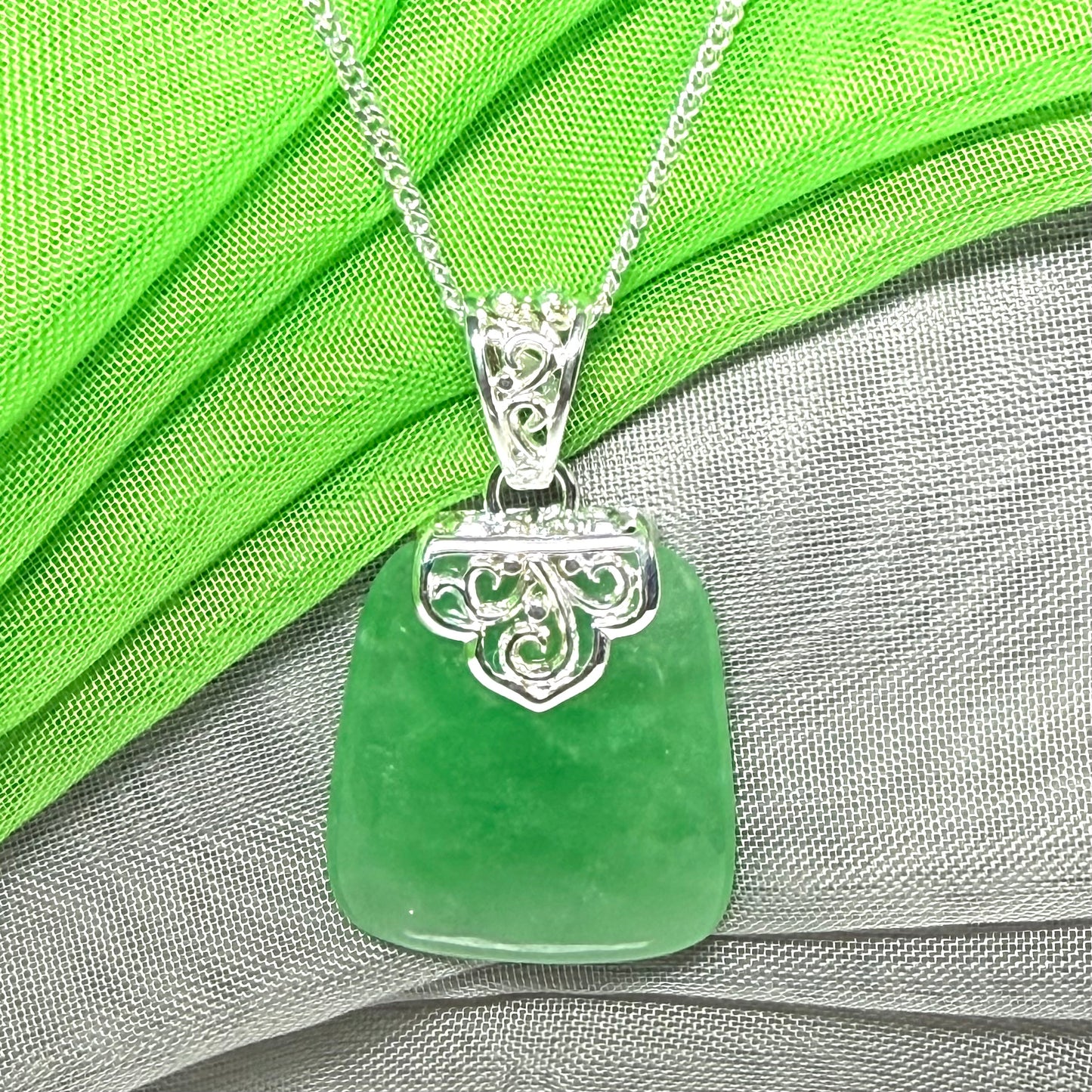 Real jade necklace green sterling silver large cushion shaped, a truly gorgeous design