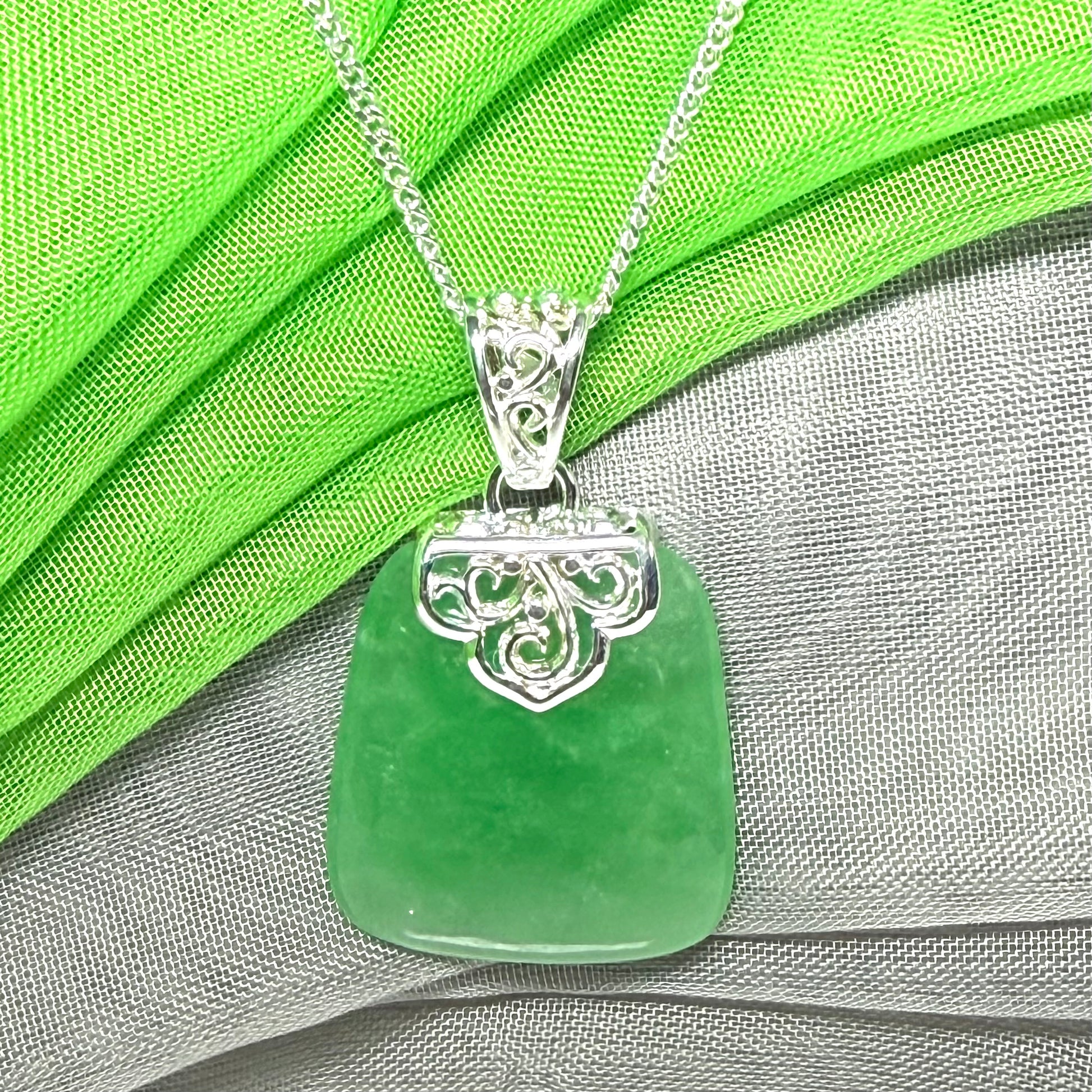 Real jade necklace green sterling silver large cushion shaped, a truly gorgeous design