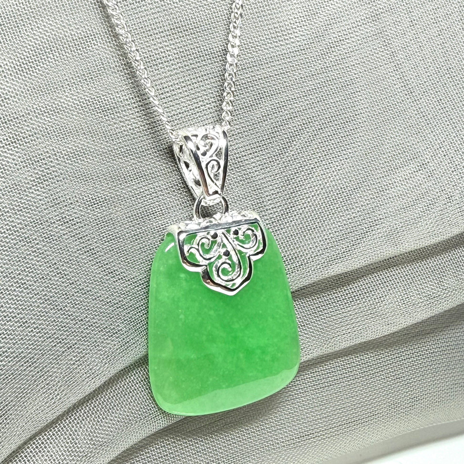 Real jade necklace green sterling silver large cushion shaped, a truly stunning designed pendant