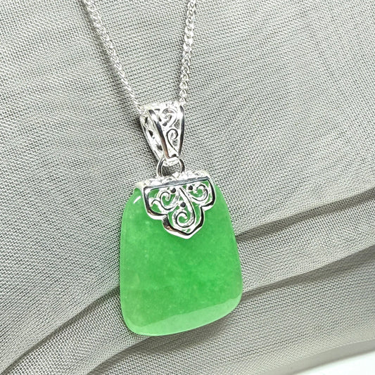 Real jade necklace green sterling silver large cushion shaped, a truly stunning designed pendant