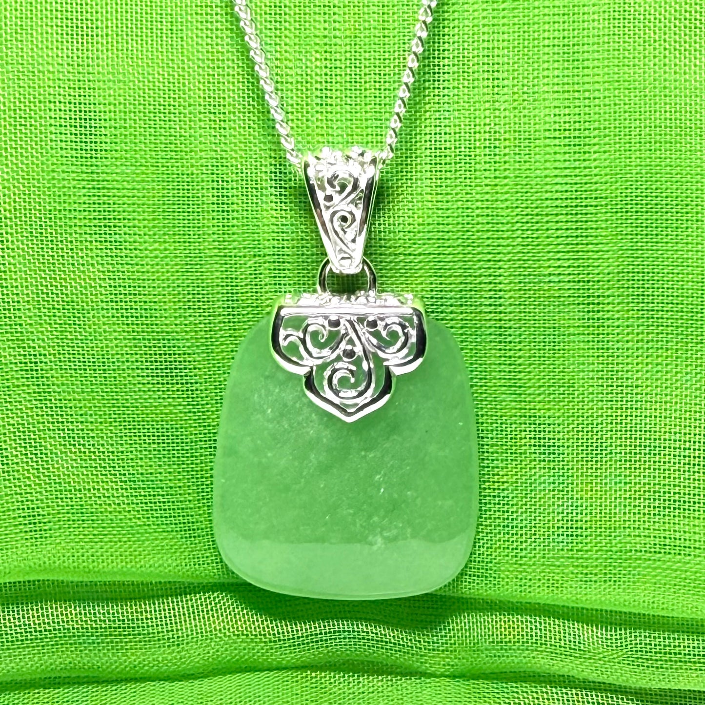Real jade necklace green sterling silver large cushion shaped, a truly stunning pendant