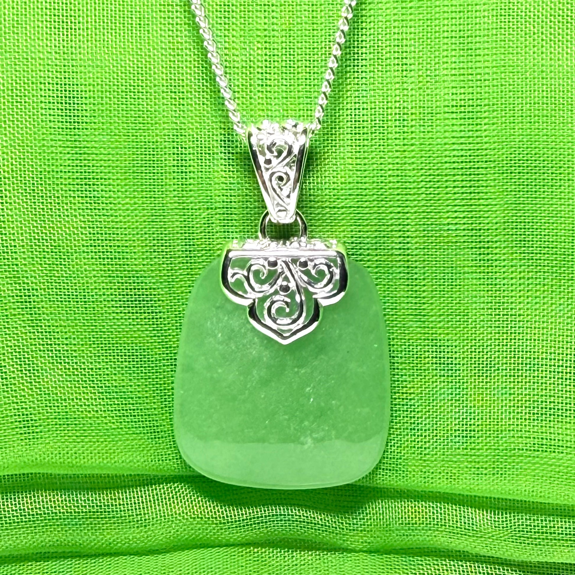 Real jade necklace green sterling silver large cushion shaped, a truly stunning pendant