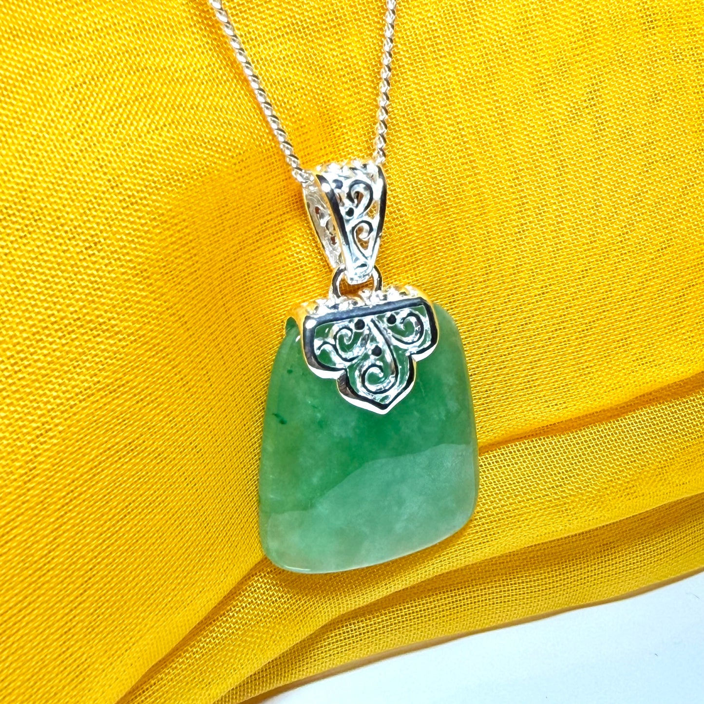 Real jade necklace green sterling silver large cushion shaped, with a truly timeless pendant