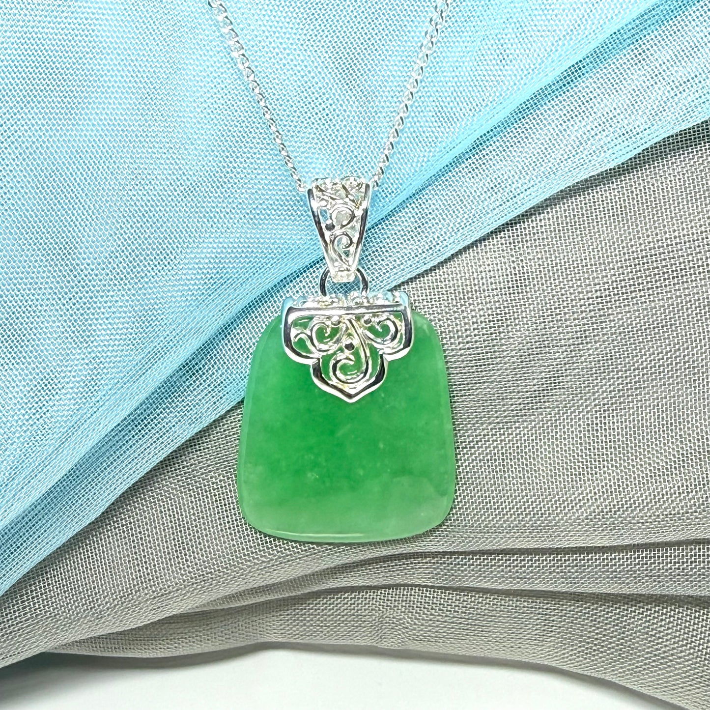 Real jade necklace green sterling silver large cushion shaped, a truly traditional design