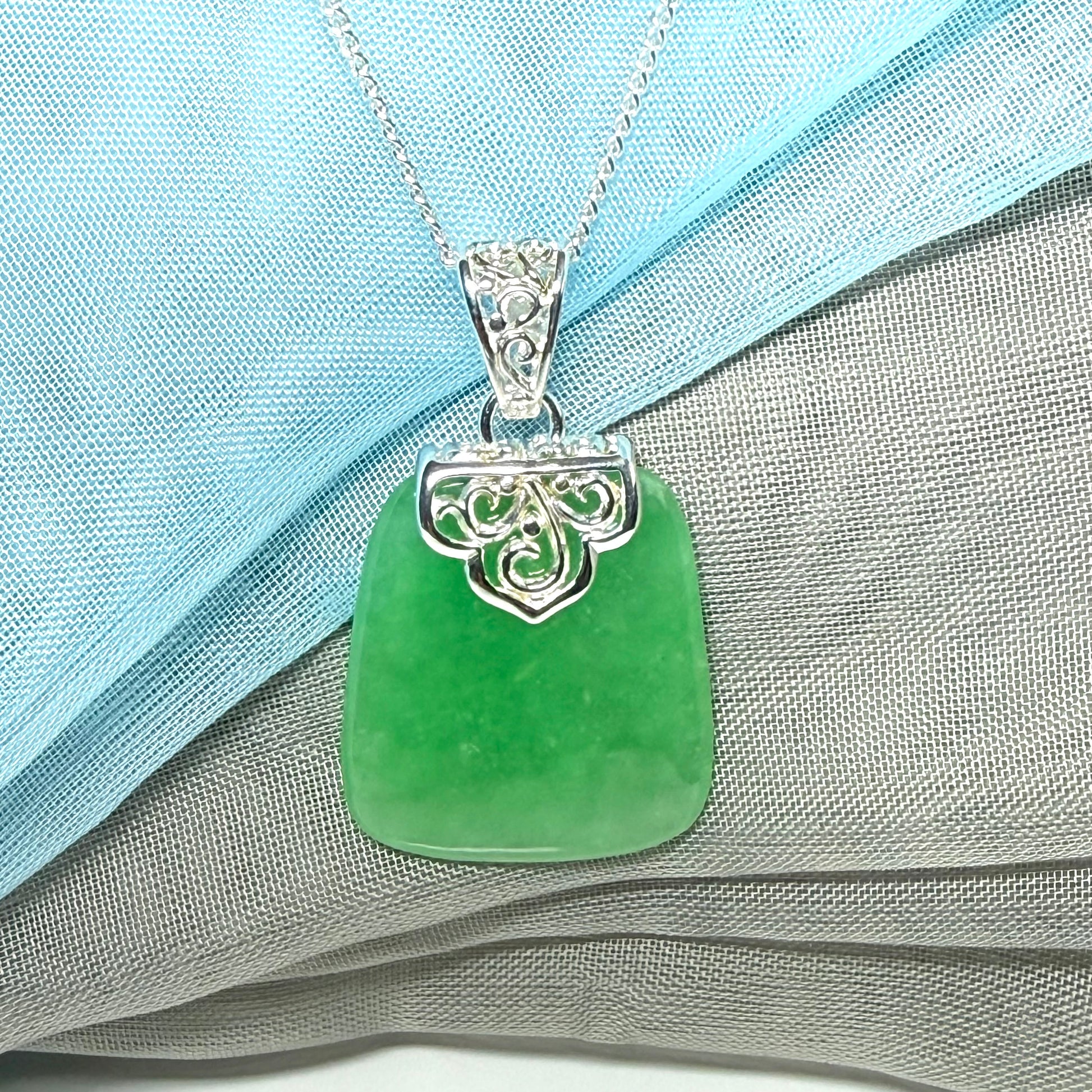 Real jade necklace green sterling silver large cushion shaped, a truly traditional design with chain