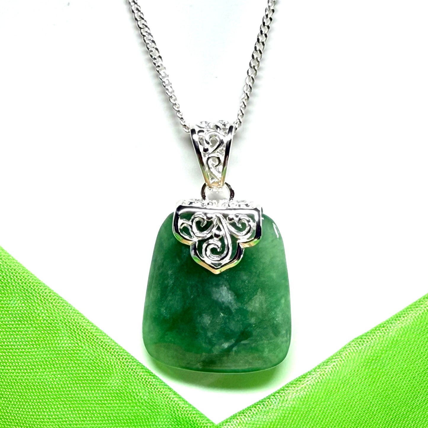 Real jade necklace green sterling silver large cushion shaped pendant, a beautiful necklace