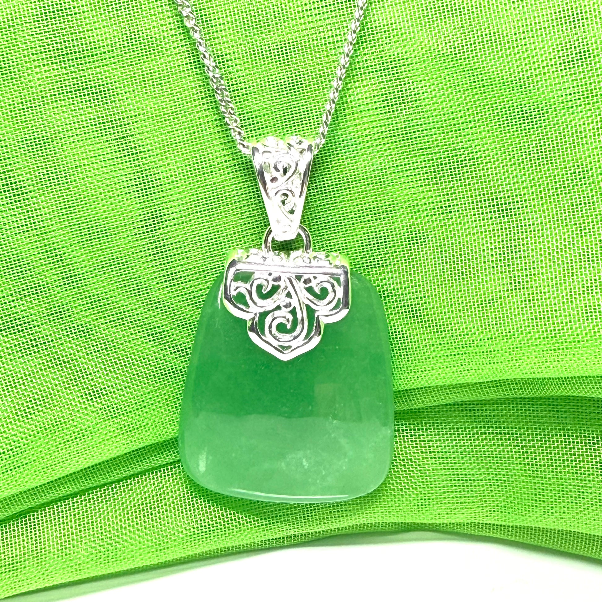 Real jade necklace green sterling silver large cushion shaped pendant, a timeless design