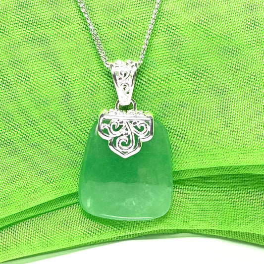 Real jade necklace green sterling silver large cushion shaped pendant, a timeless design