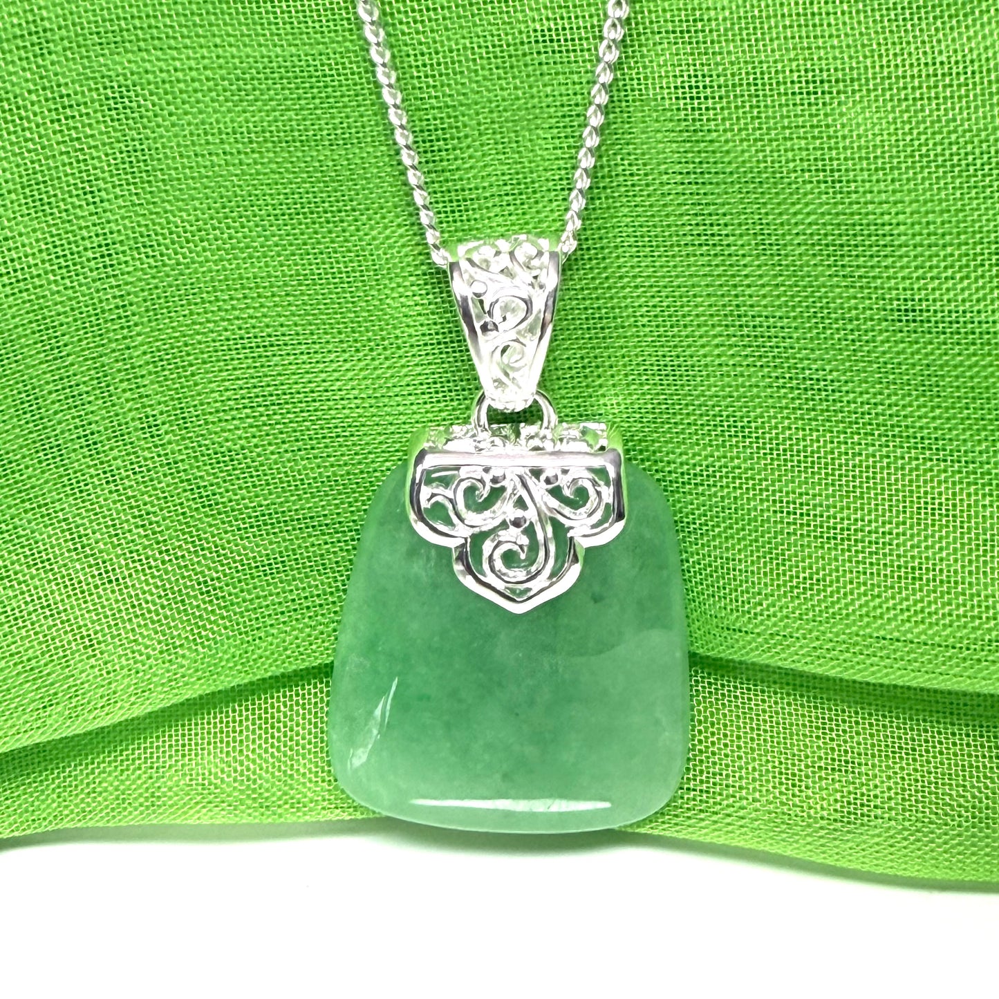 Real jade necklace green sterling silver large cushion shaped pendant, a timeless design with a chain