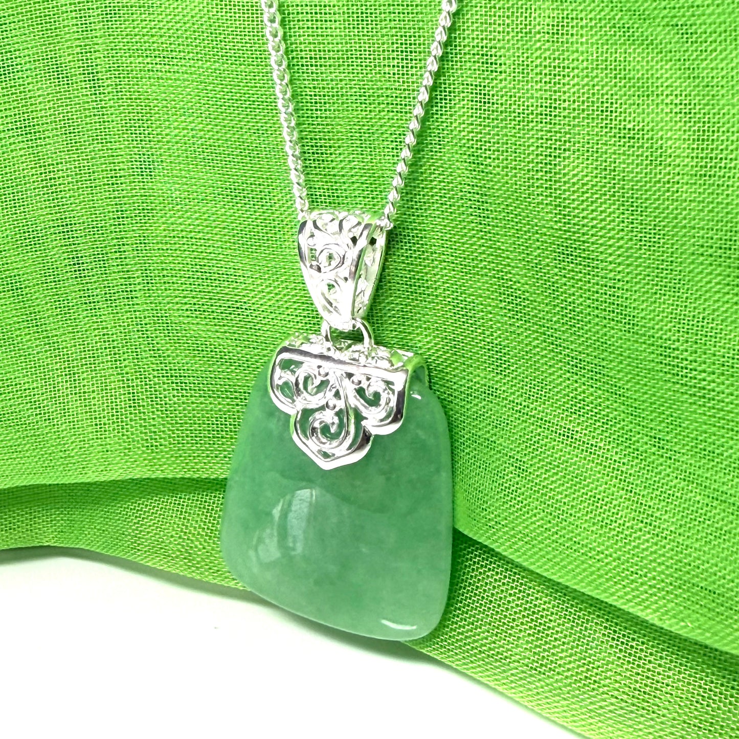 Real jade necklace green sterling silver large cushion shaped pendant, a timeless design with a chain