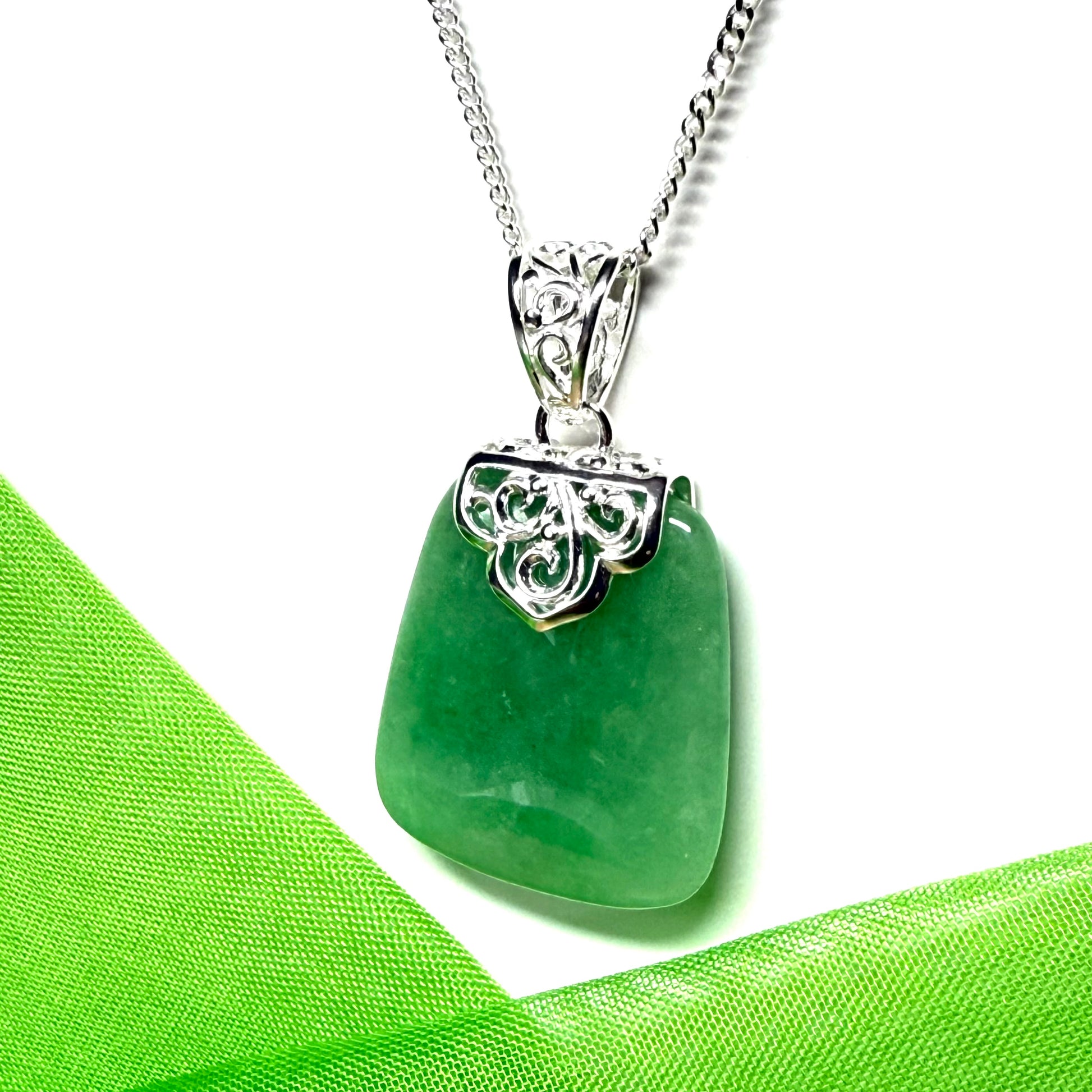 Real jade necklace green sterling silver large cushion shaped pendant, a timeless design with a chain