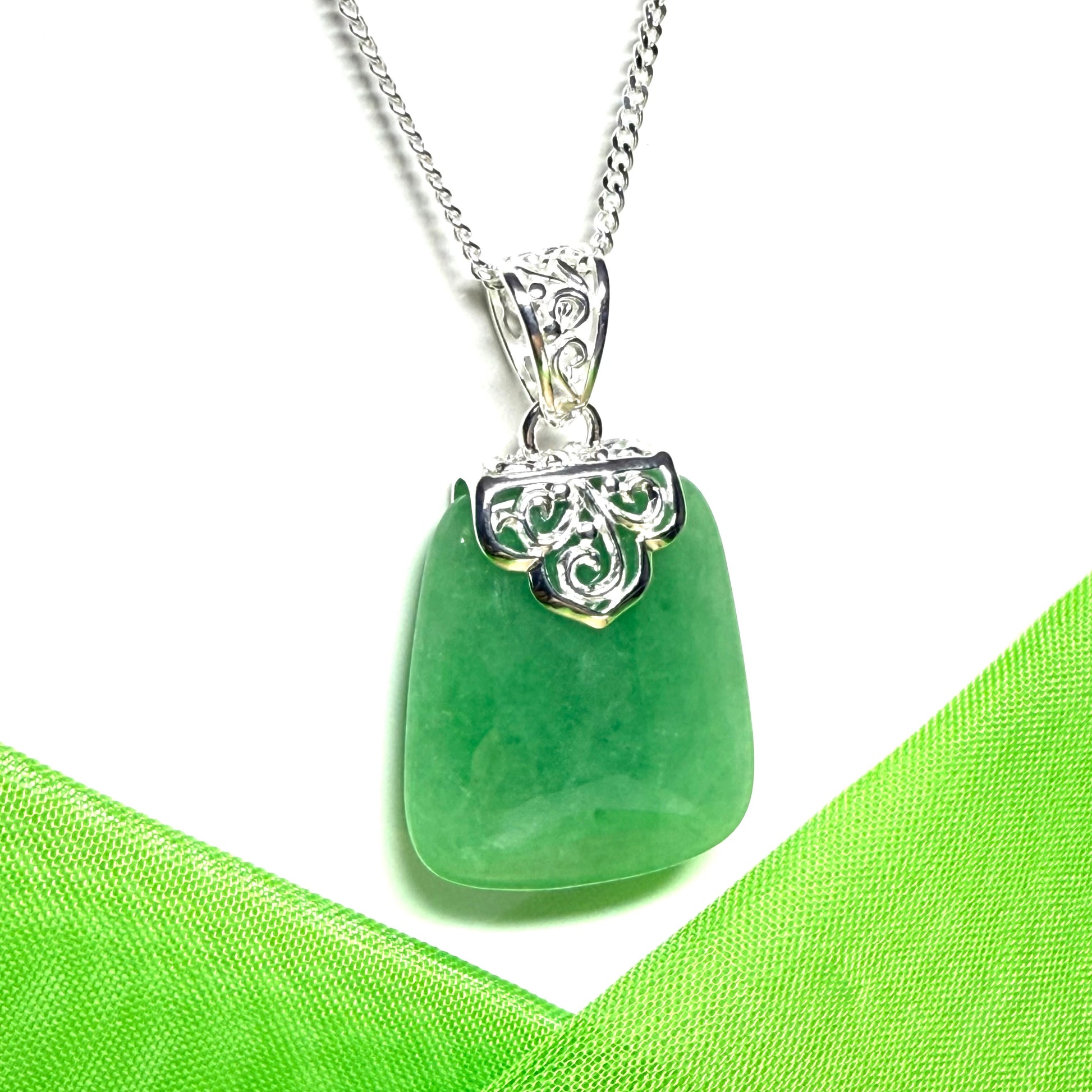 Real jade necklace green sterling silver large cushion shaped pendant, a timeless design with a chain