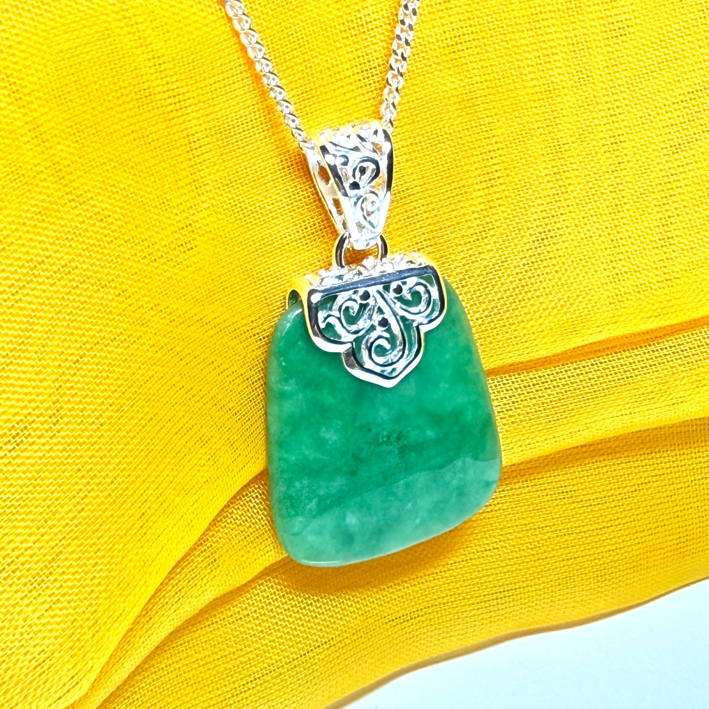 Real jade necklace green sterling silver large cushion shaped pendant, a truly stunning design