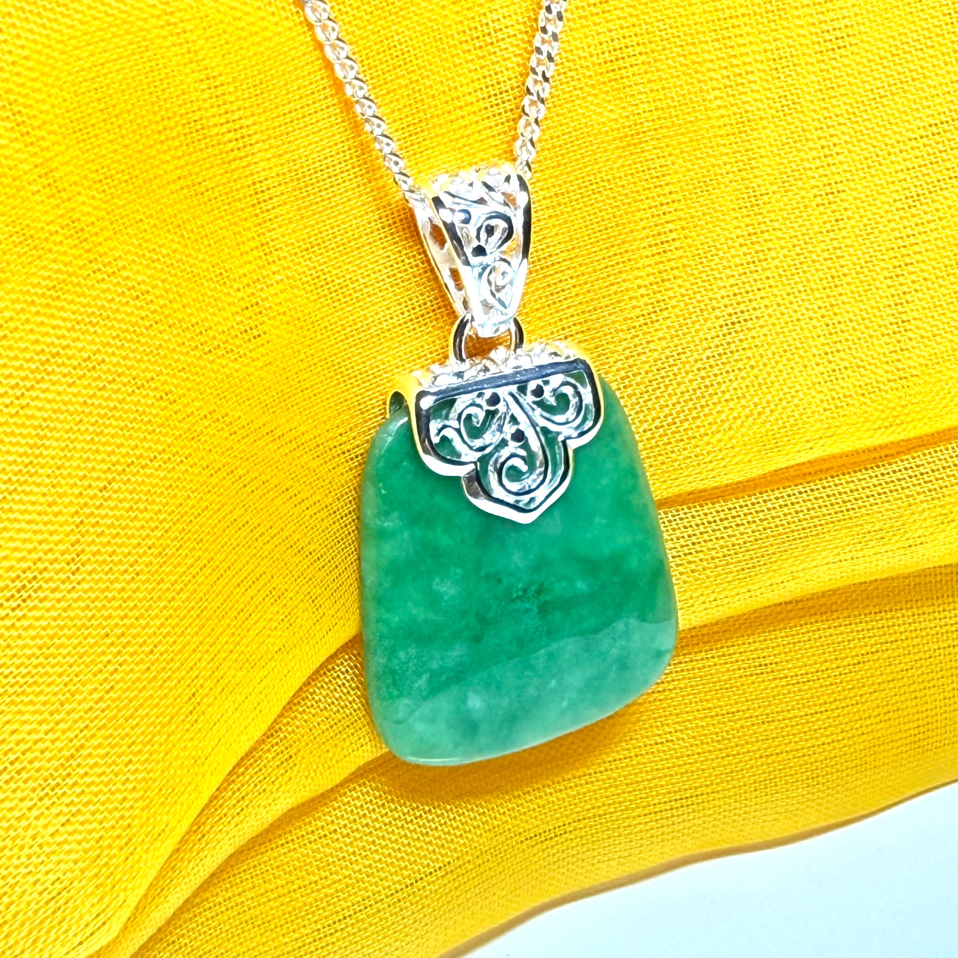 Real jade necklace green sterling silver large cushion shaped pendant, a truly stunning design