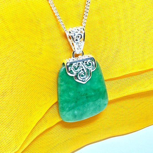 Real jade necklace green sterling silver large cushion shaped pendant, a truly stunning design