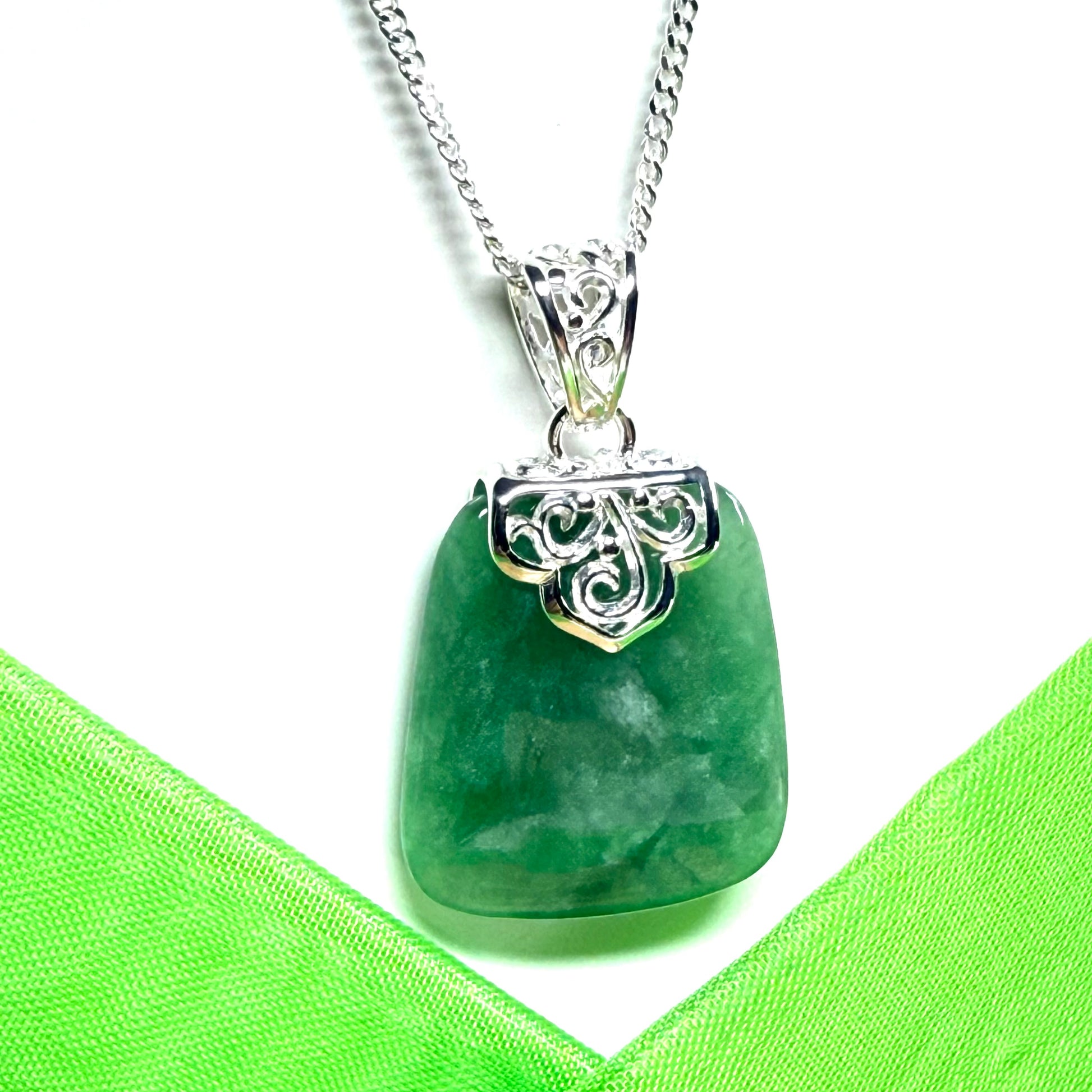 Real jade necklace green sterling silver large cushion shaped pendant, a beautiful necklace