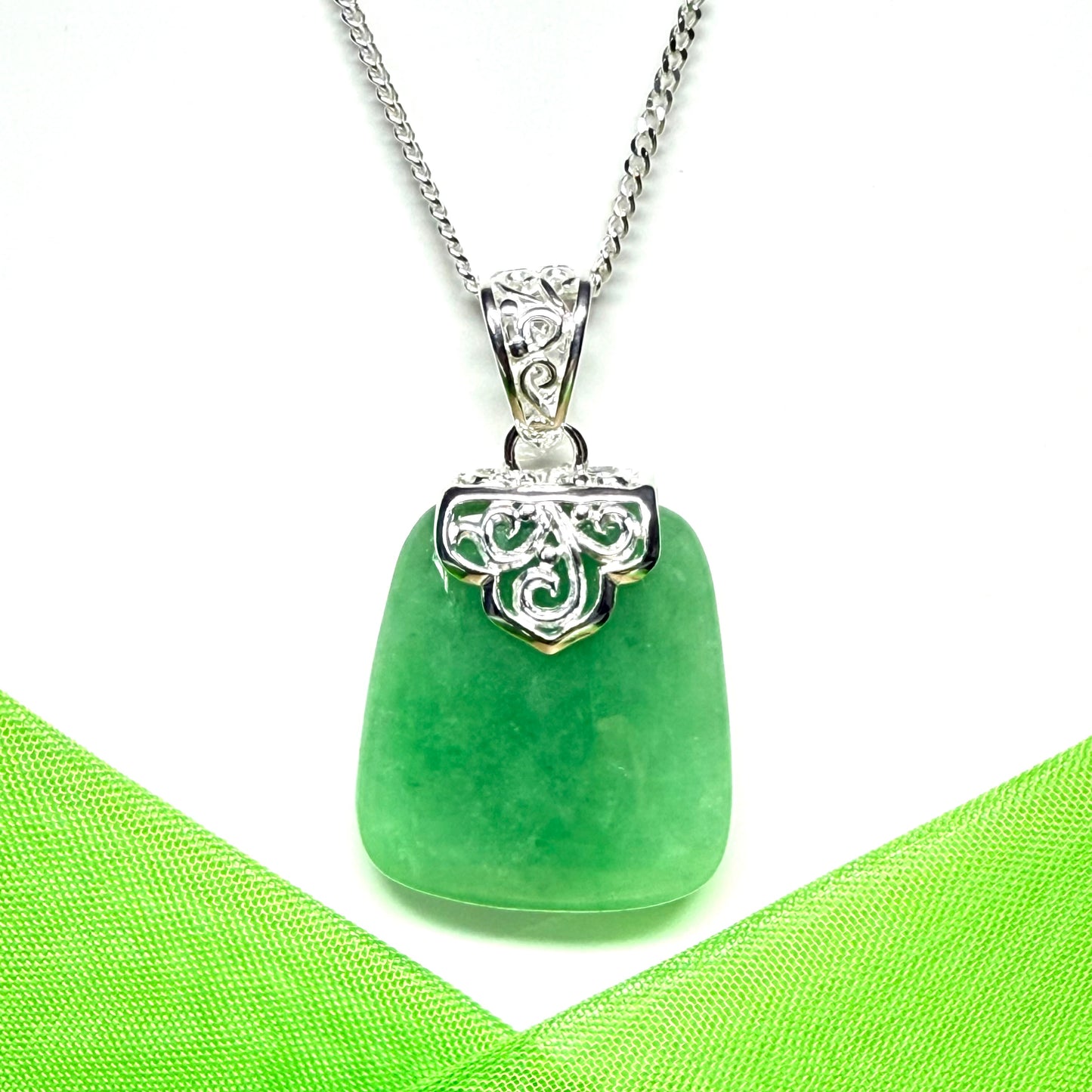 Real jade necklace green sterling silver large cushion shaped pendant, a timeless design with a chain