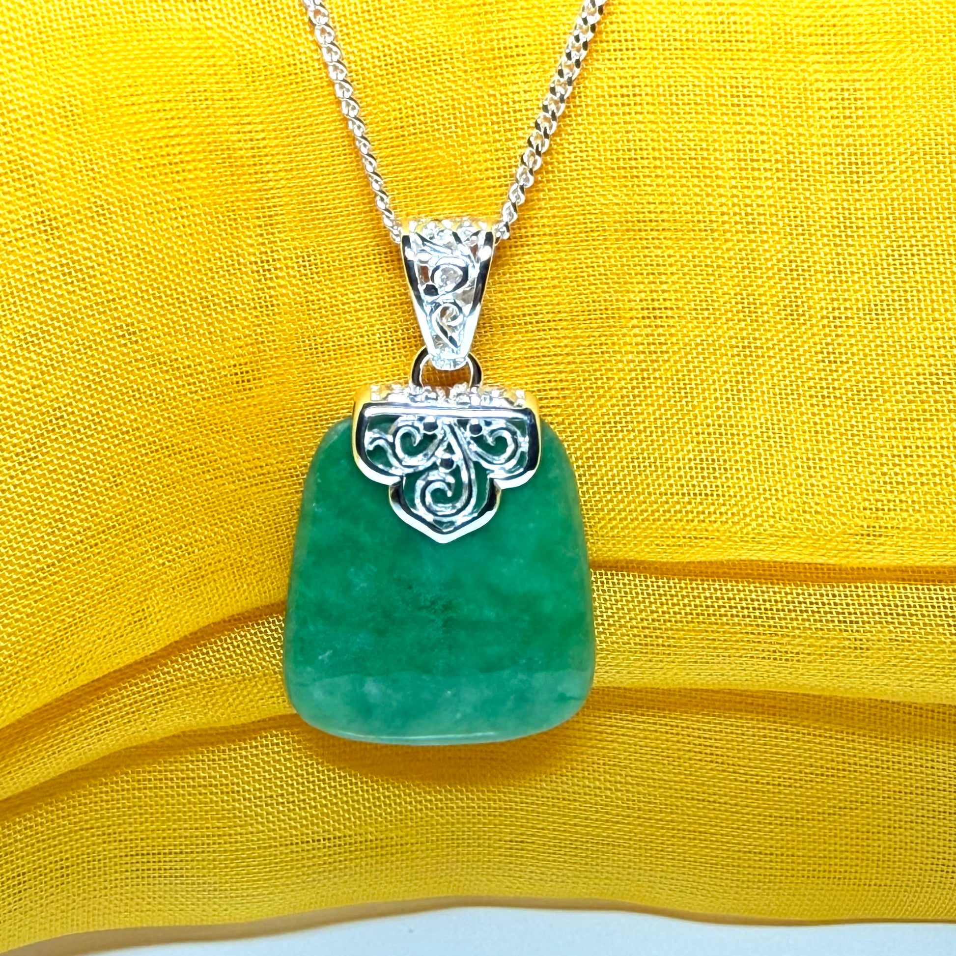 Real jade necklace green sterling silver large cushion shaped pendant, a truly stunning design