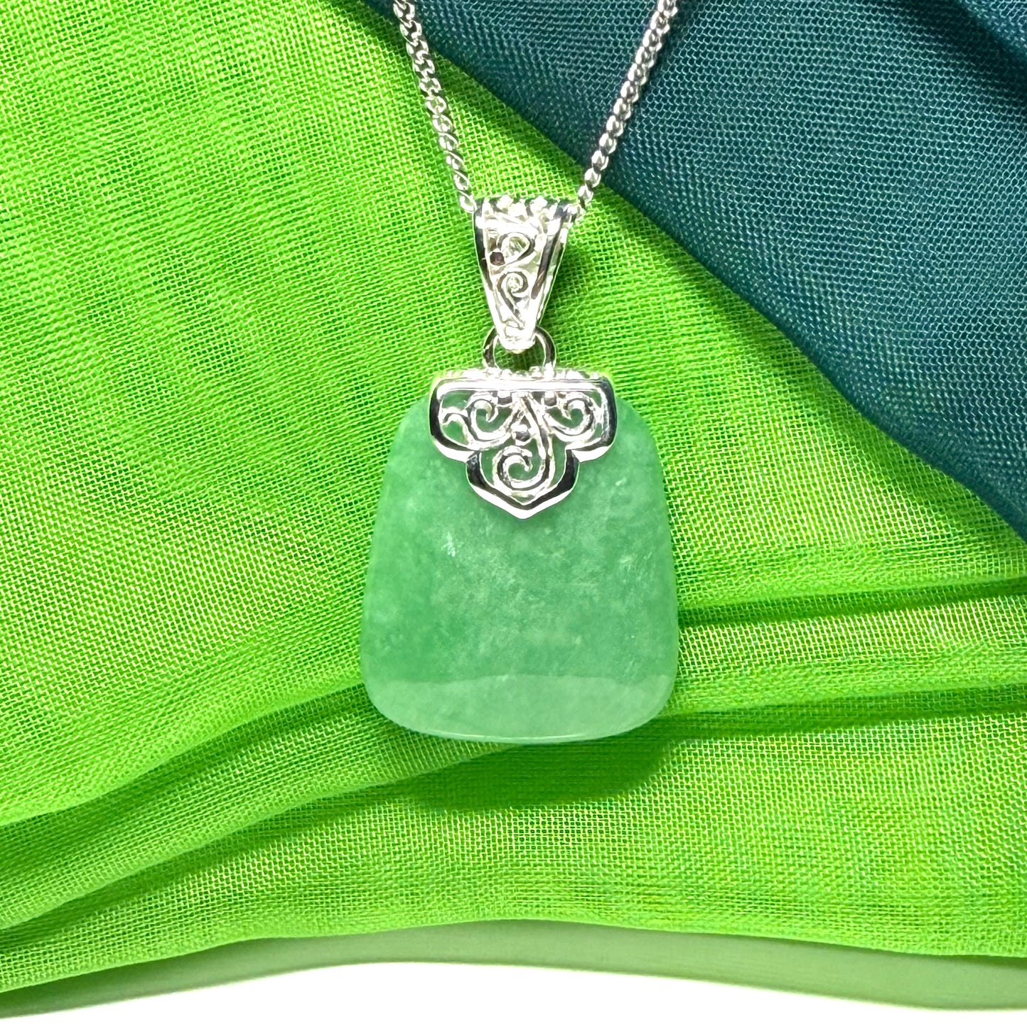 Real jade necklace green sterling silver large cushion shaped, a trendsetting design with a chain