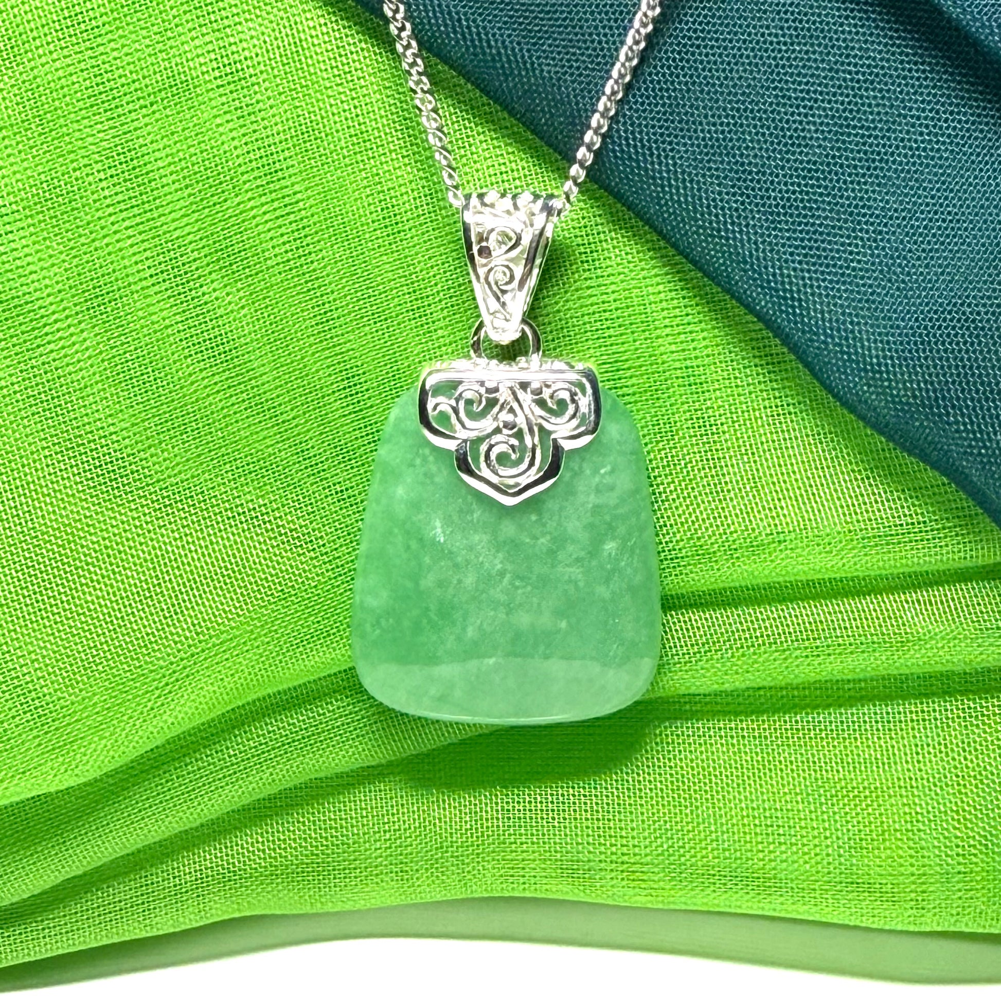 Real jade necklace green sterling silver large cushion shaped, a trendsetting design with a chain