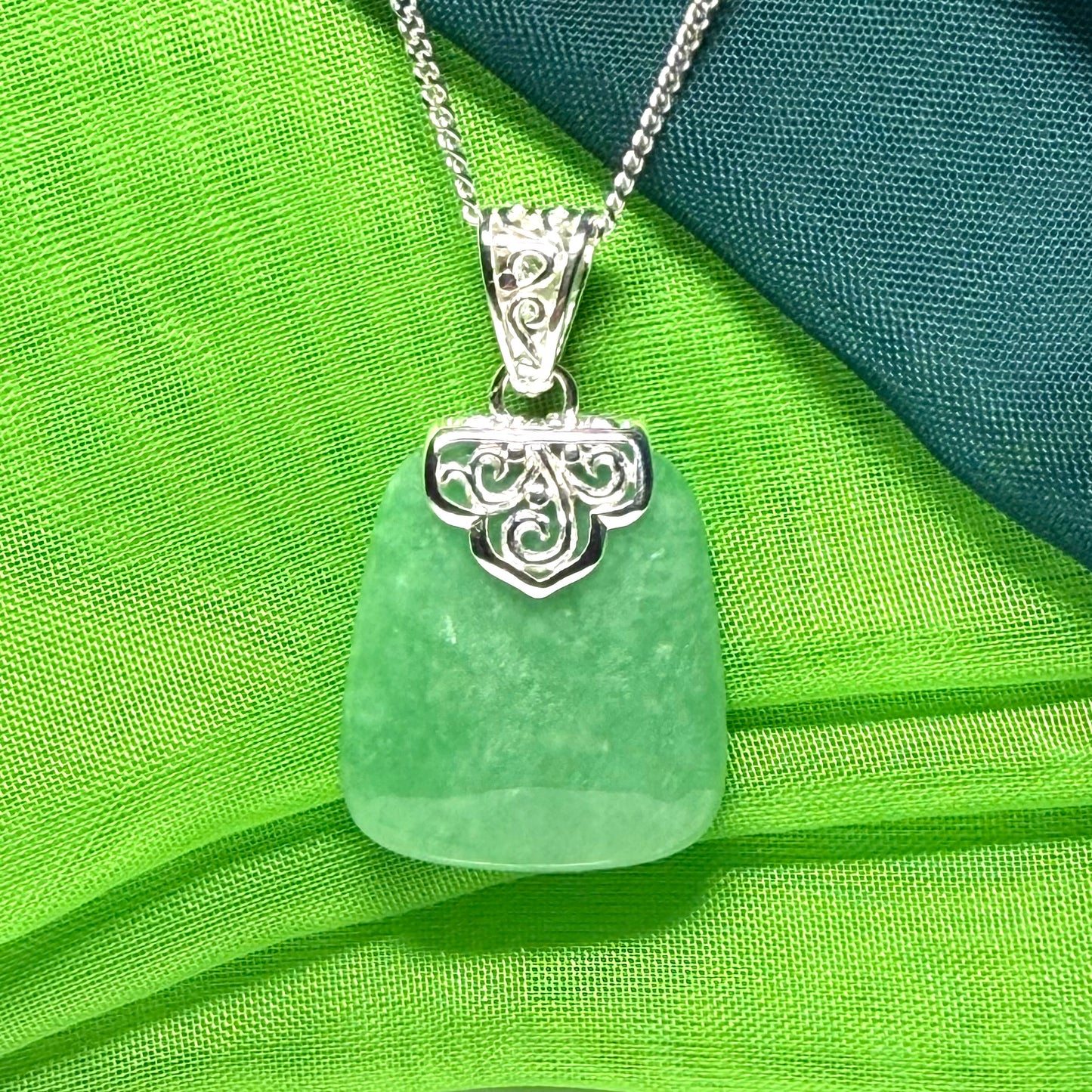 Real jade necklace green sterling silver large cushion shaped, a trendsetting design with a chain