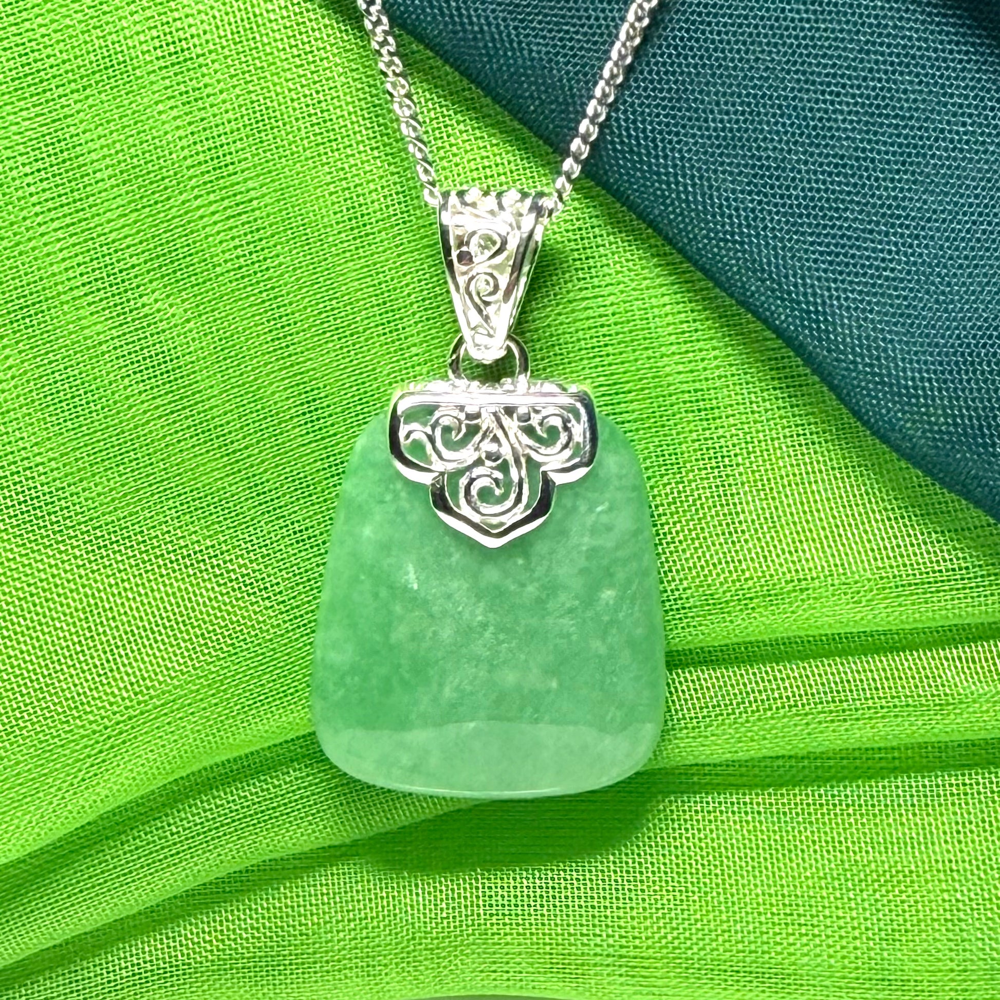 Real jade necklace green sterling silver large cushion shaped, a trendsetting design with a chain