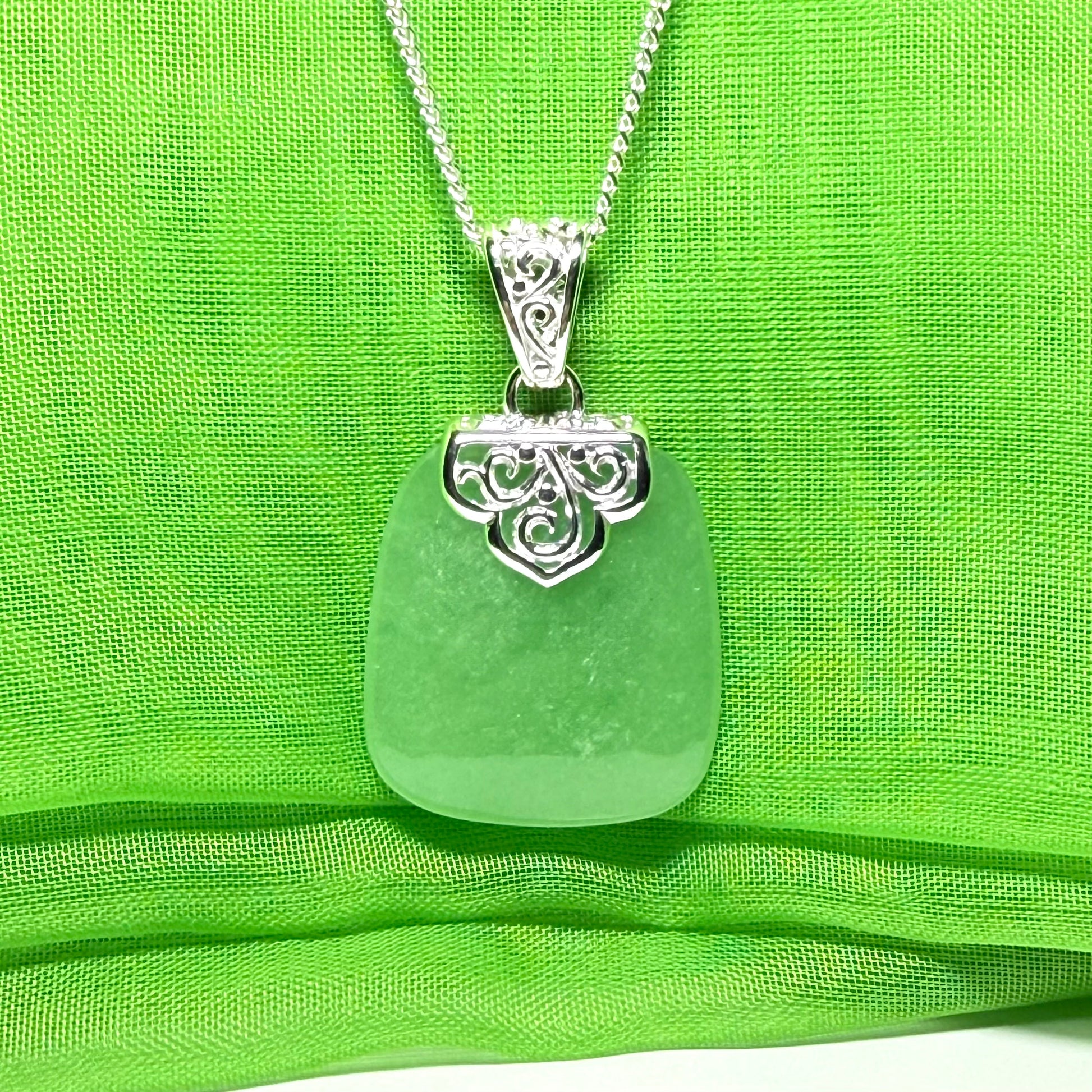 Real jade necklace green sterling silver large cushion shaped, a truly stunning pendant