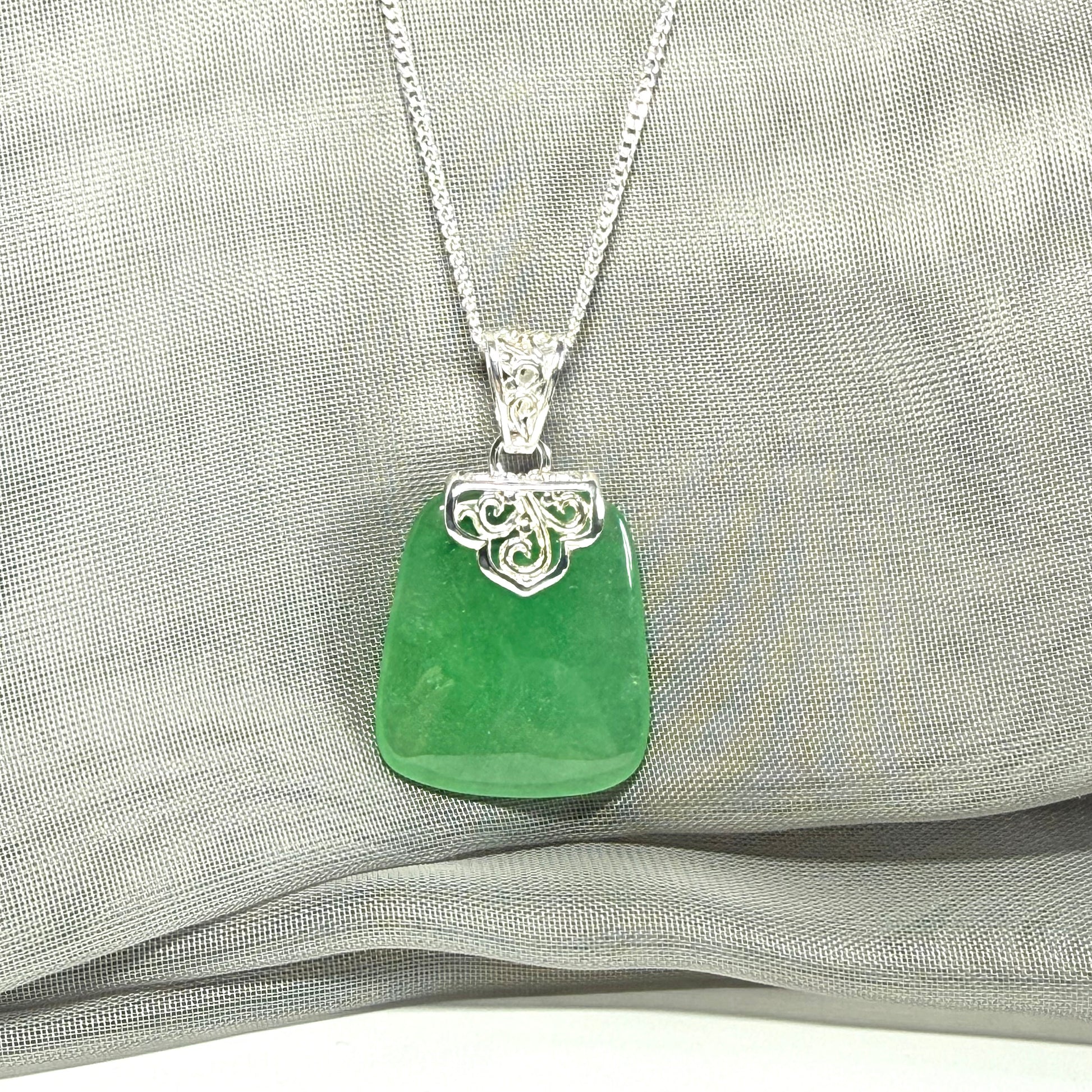 Real jade necklace green sterling silver large cushion shaped, with a beautiful designed pendant with chain included