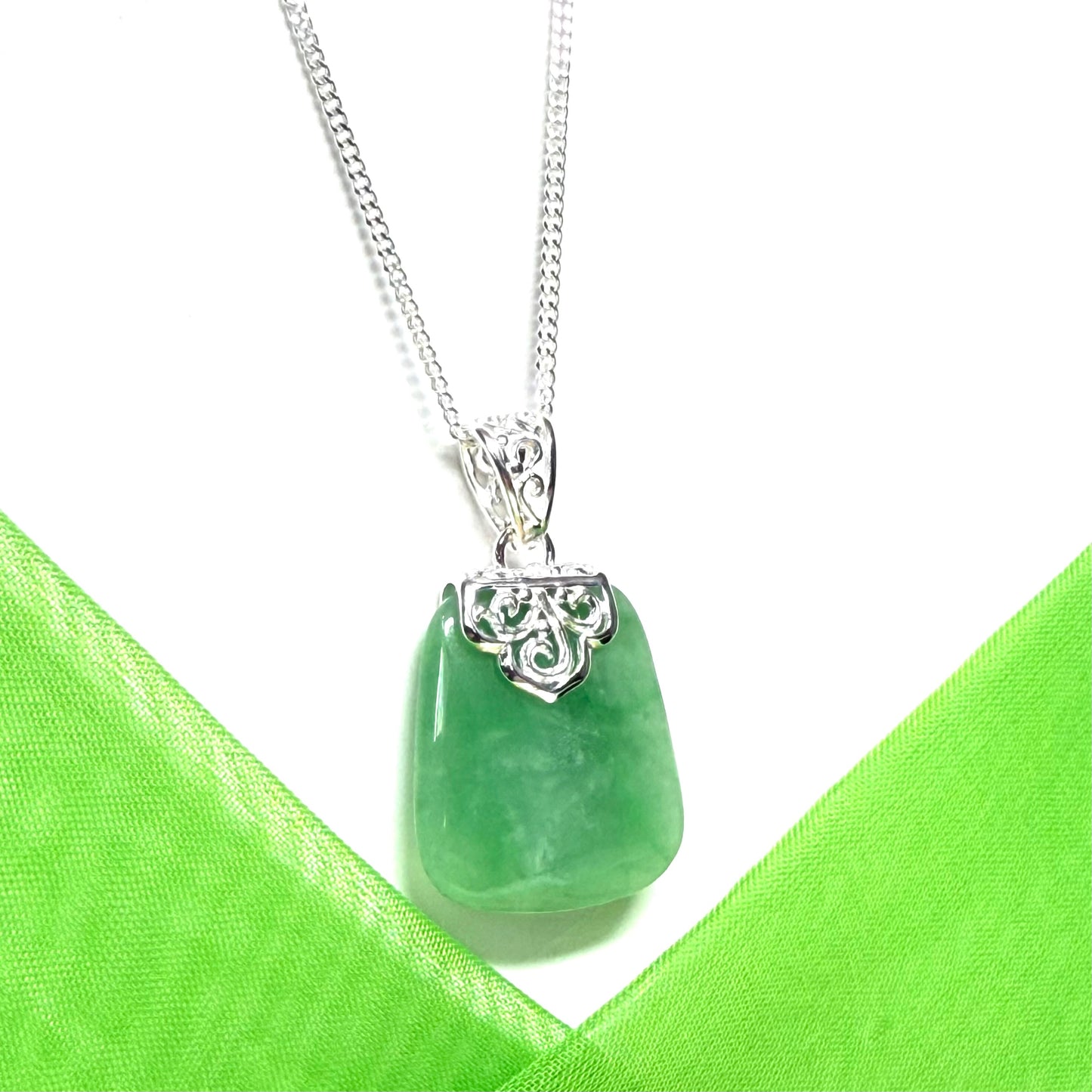 Real jade necklace green sterling silver large cushion shaped, with a timeless design pendant