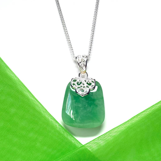 Real jade necklace green sterling silver large cushion shaped, with a timeless design pendant