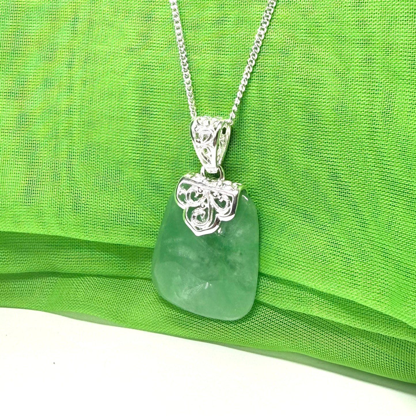 Real jade necklace green sterling silver large cushion shaped, with a timeless design pendant