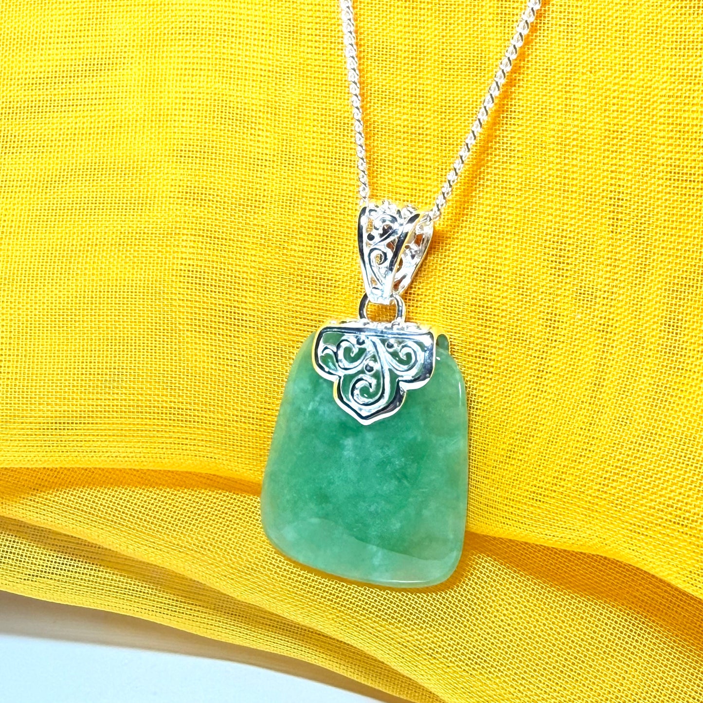 Real jade necklace green sterling silver large cushion shaped, with a timeless stunning designed with chain