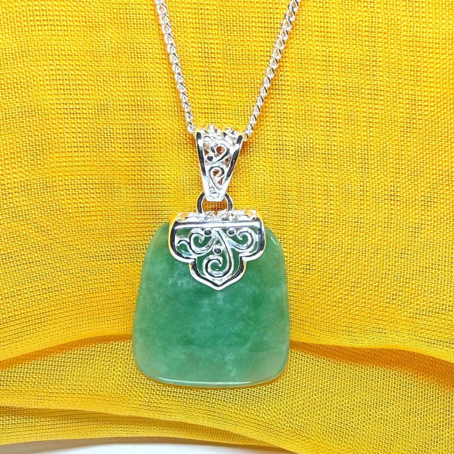 Real jade necklace green sterling silver large cushion shaped, with a timeless stunning designed with chain
