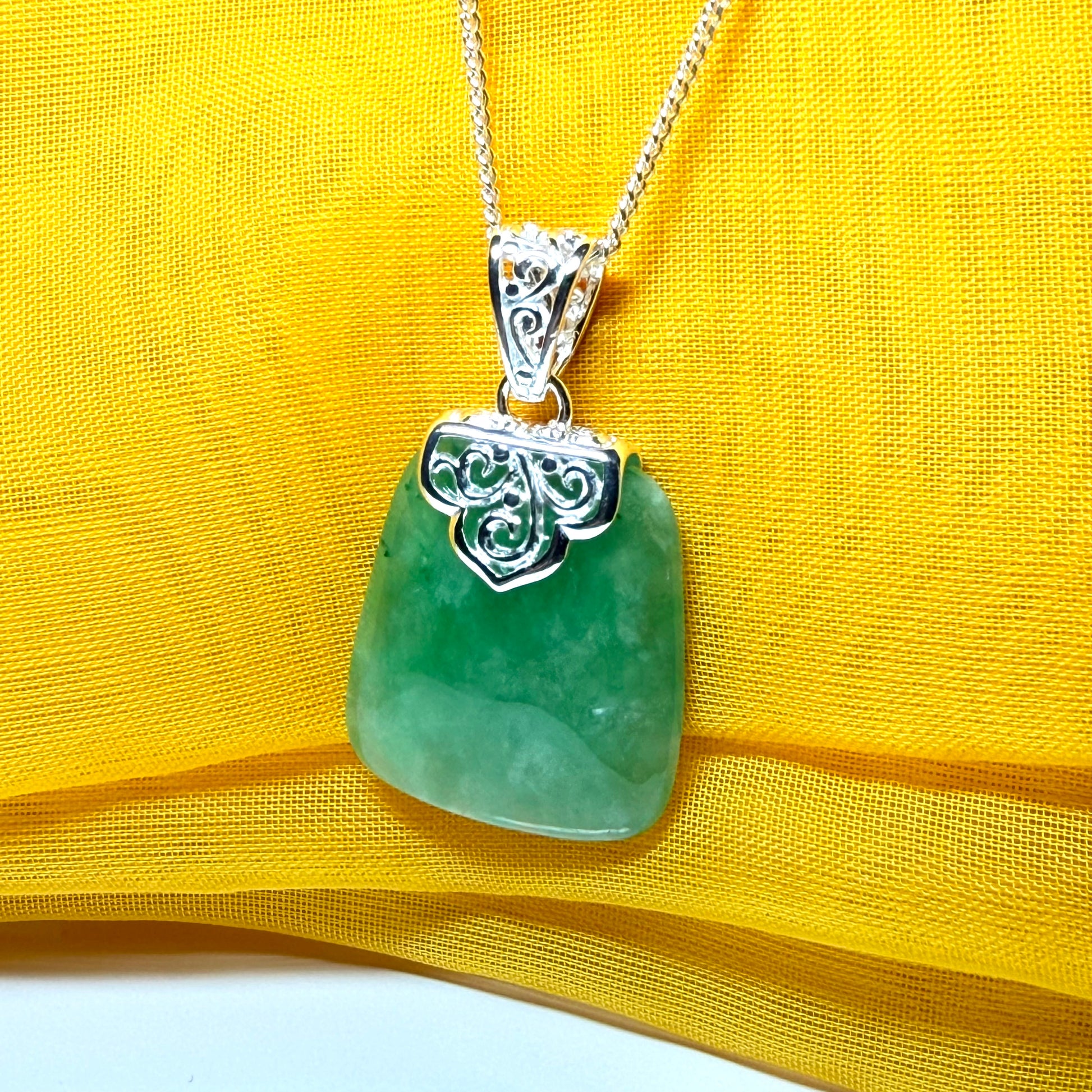 Real jade necklace green sterling silver large cushion shaped, with a truly timeless pendant
