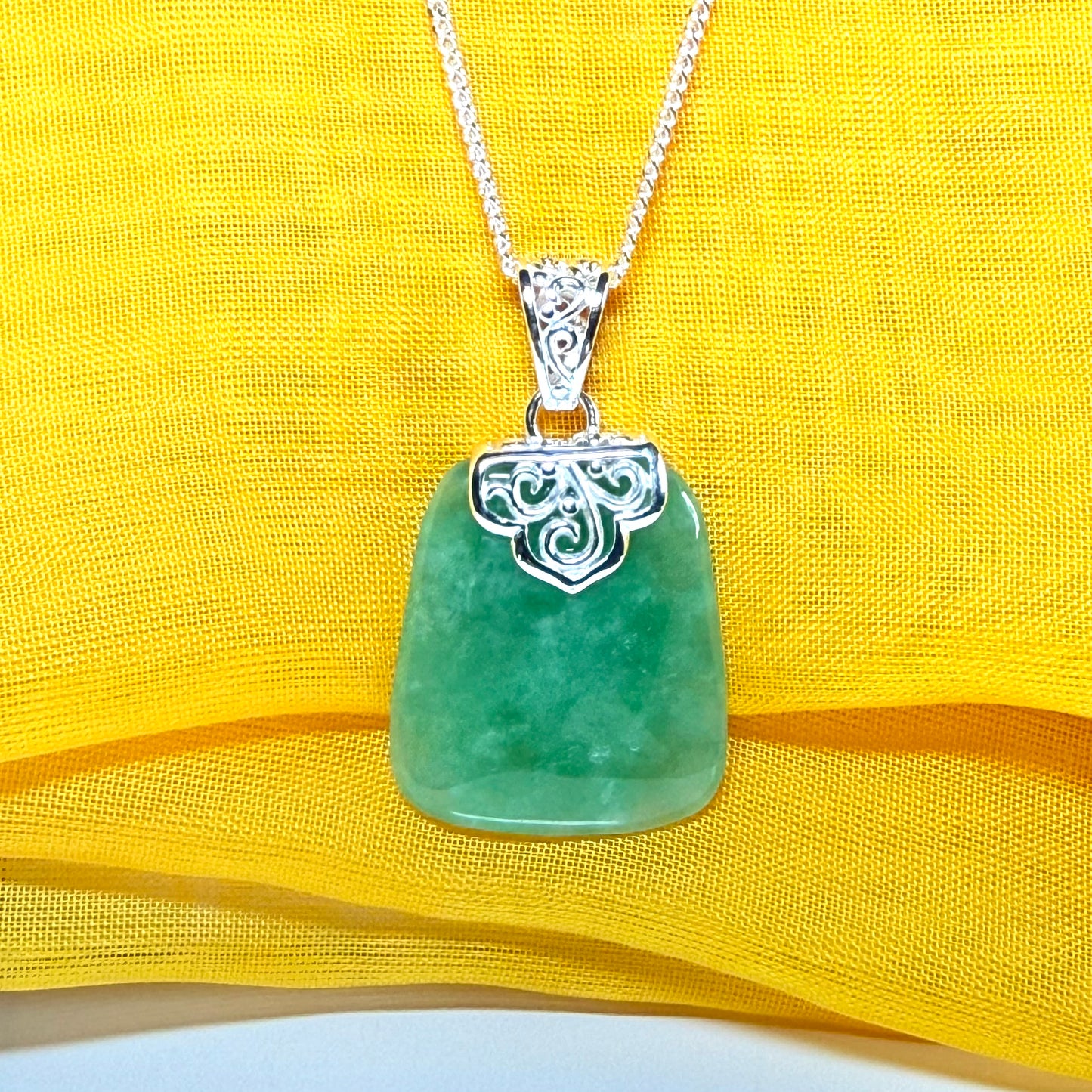 Real jade necklace green sterling silver large cushion shaped, with a timeless stunning designed with chain