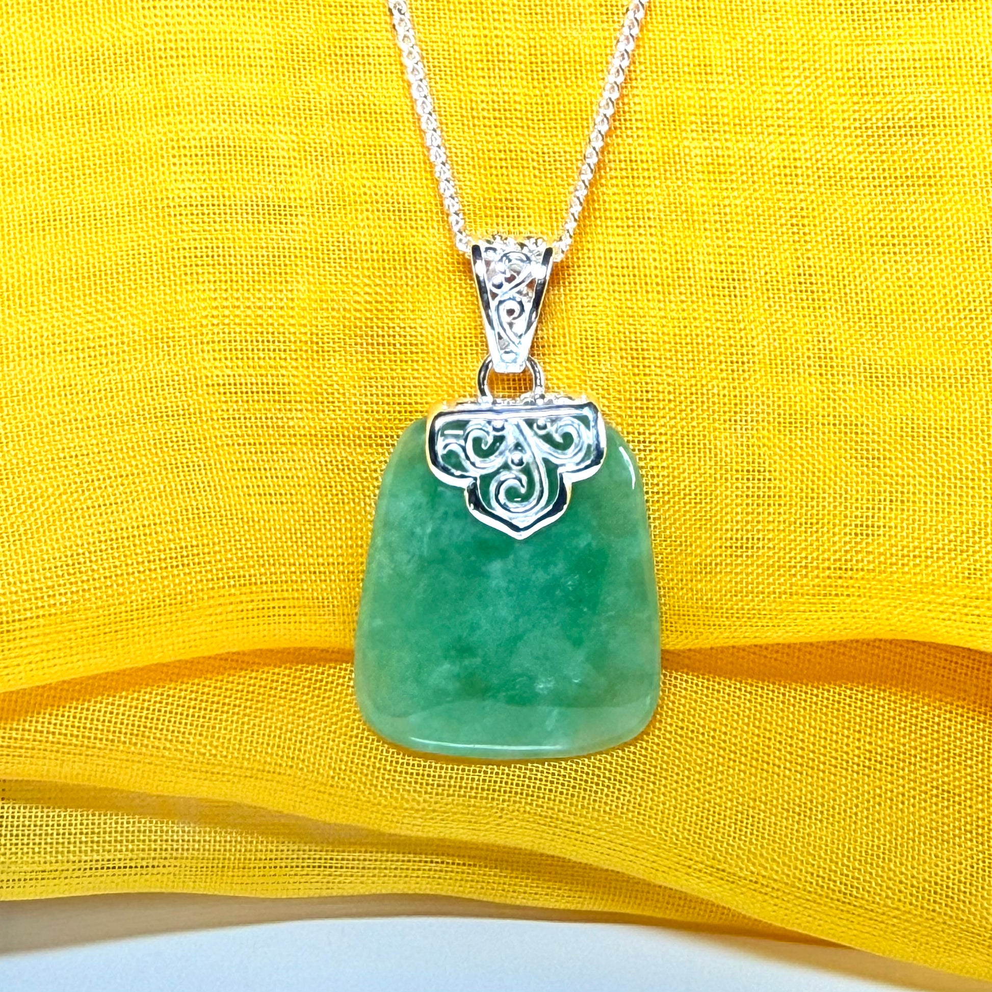 Real jade necklace green sterling silver large cushion shaped, with a timeless stunning designed with chain