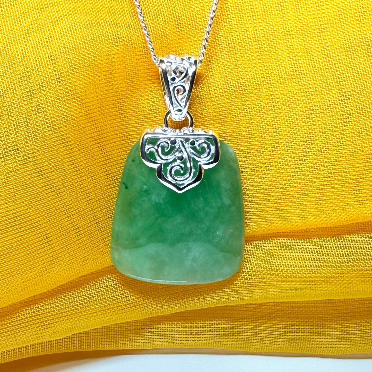 Real jade necklace green sterling silver large cushion shaped, with a truly timeless pendant