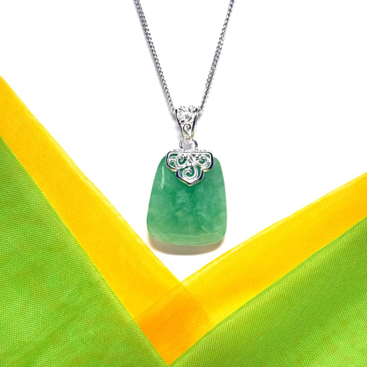 Real jade necklace light green sterling silver large cushion shaped, a beautiful pendant