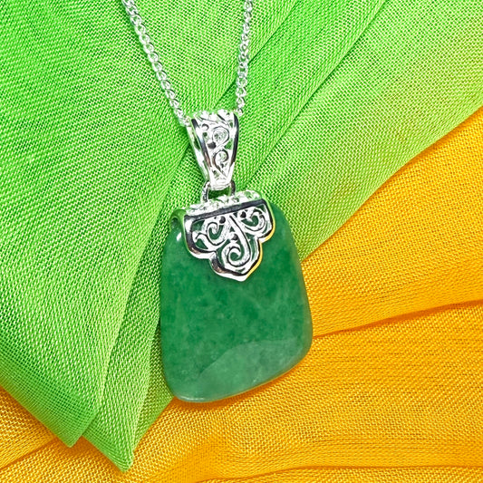 Real jade necklace light green sterling silver large cushion shaped pendant