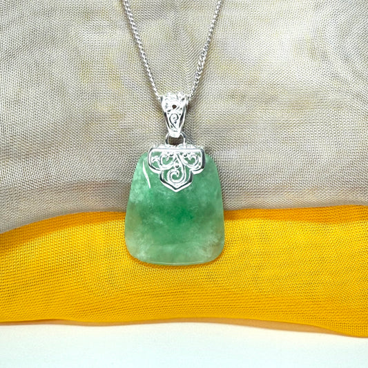 Real jade necklace light green sterling silver large cushion shaped, a timeless design with chain included