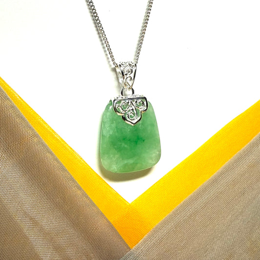 Real jade necklace light green sterling silver large cushion shaped, a timeless design with chain included