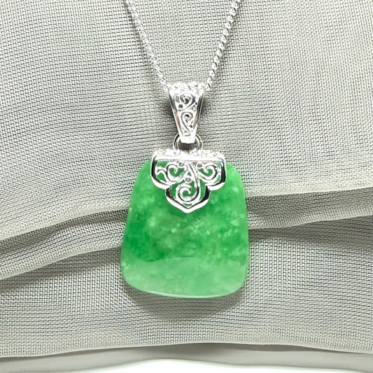 Real jade pendant green sterling silver large cushion shape, a gorgeous necklace