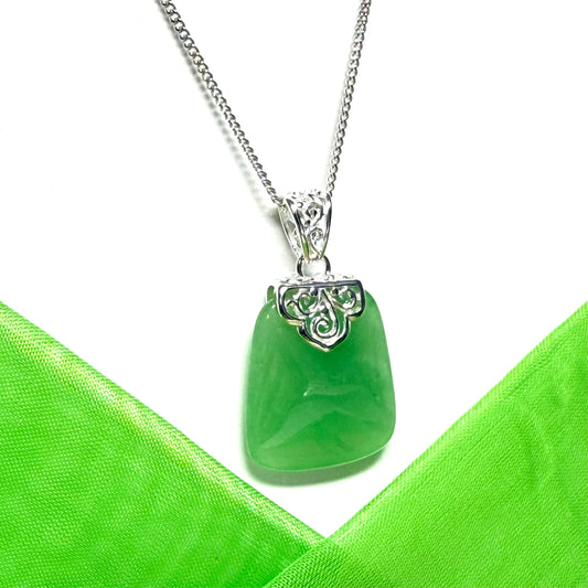 Real jade pendant green sterling silver large cushion shape, an eye opening designed necklace