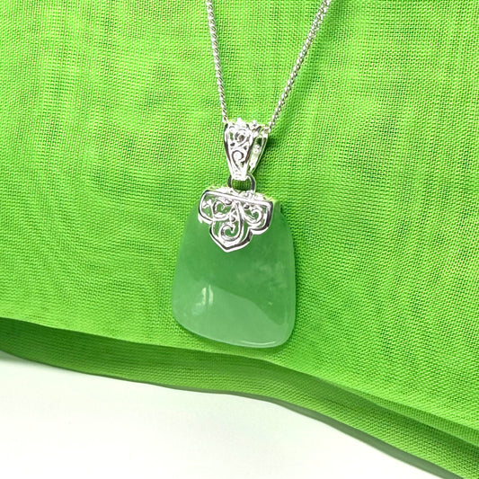Real jade pendant green sterling silver large cushion shape, an eye opening designed necklace