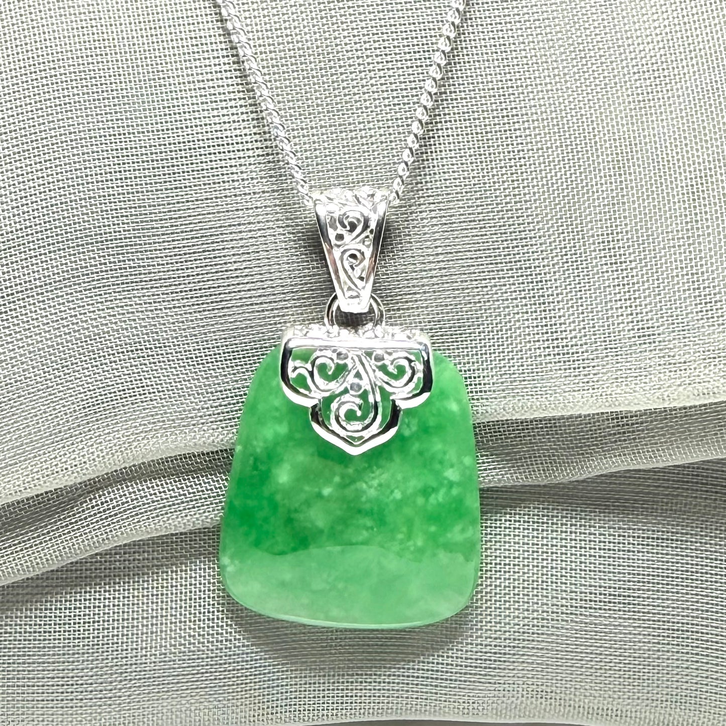 Real jade pendant green sterling silver large cushion shape, a gorgeous necklace